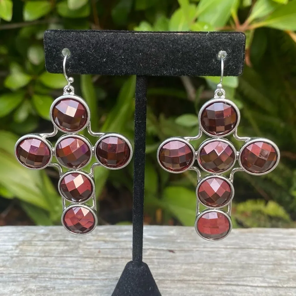 NWT New Urban Outfitters (UO) Silver & Burgundy/Wine Beaded Cross Earrings